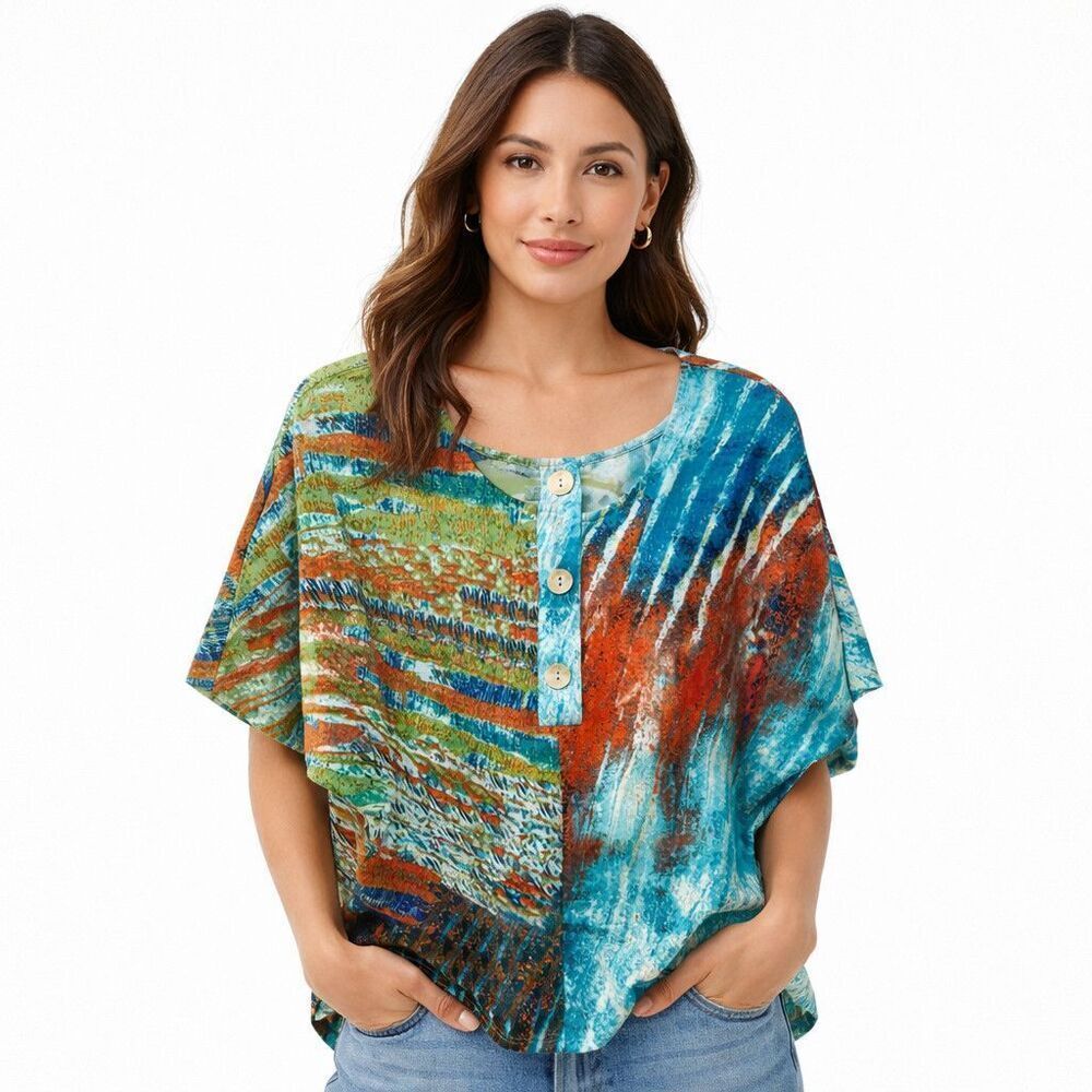 Parsley And Sage Shirt Womens Small Multicolor Henley Boho Short Sleeve Top
